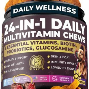 24-in-1 Complete Multivitamin Treats for Dogs - PhD Endorsed 8 Vitamins, Biotin, Probiotics, Glucosamine - Daily Wellness, Immunity, Skin & Coat, Mobility 140 Treats - Beef...