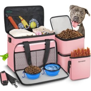 6 Set Dog Travel Bag, Large Pet Supplies for Dogs, Includes 2 Collapsible Dog Bowls, 2 Food Containers, 1 Treat Pouch with Pet Travel Bag, Pink