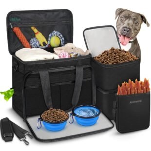 6 Set Dog Travel Bag, Large Pet Supplies for Dogs, Includes 2 Collapsible Dog Bowls, 2 Food Containers, 1 Treat Pouch with Pet Travel Bag, Black