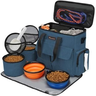 Modoker Dog Travel Bag, Weekend Pet Travel Set for Dog and Cat, Airline Approved Tote Organizer with Multi-Function Pockets, 2 Food Storage Containers, 2 Collapsible Bowls, 1...