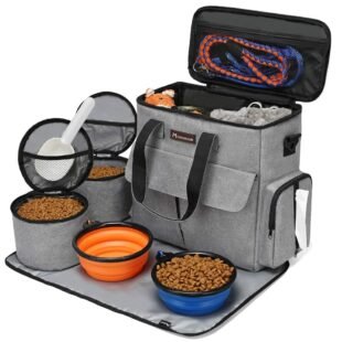 Modoker Dog Travel Bag, Weekend Pet Travel Set for Dog and Cat, Airline Approved Tote Organizer with Multi-Function Pockets, 2 Food Storage Containers, 2 Collapsible Bowls, 1...